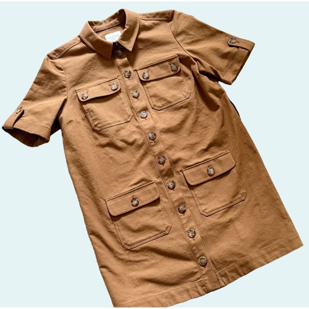 SEZANE Jackie Dress Shirtdress Tunic Camel Brown Tan Full Button Size 38 / 6